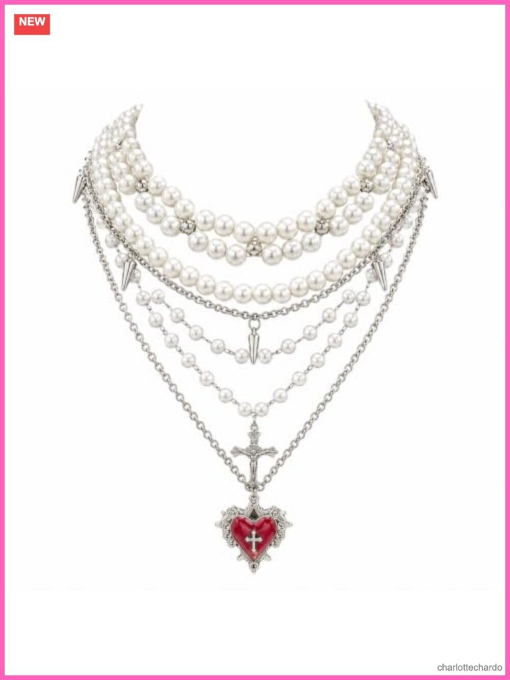 Layered Pearl Necklace with Cross Pendant Adjustable Gothic Punk Jewelry
